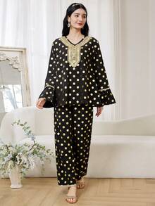 Sparklyn 少女碎花V领衬衫套装，休闲度假装，春夏款 - 黑色 - 查看 4