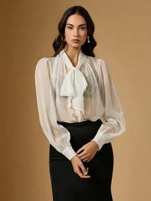 Briarwyn Áo kiểu nữ thời trang, gợi cảm, xuyên thấu, cổ buộc dây bằng vải lưới. - trắng - Xem 8