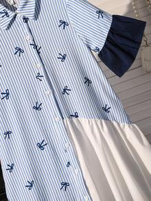 SHEIN Tween Girls' Cute Blue And White Striped Short Sleeve Shirt Dress,Fashion Bow Patchwork Midi Dress For Summer,Vacation,Holiday,Daily Wear&Outings - Blue and White - View 5