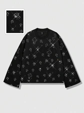 T-shirt à col ras-du-cou à manches longues, style décontracté et mode, orné de strass, unisexe