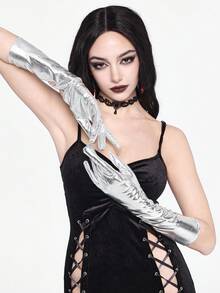 ROMWE Grunge Punk 1 Pair Of Silver Punk Gloves, Cyber Style Mittens, Long Gloves For Stage Performances And Parties. - Silver - View 3