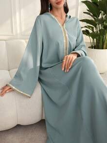 Al Najma 女士绿色编织连帽长袖优雅土耳其和阿拉伯传统长开衫，春夏款 - 綠色 - 查看 1