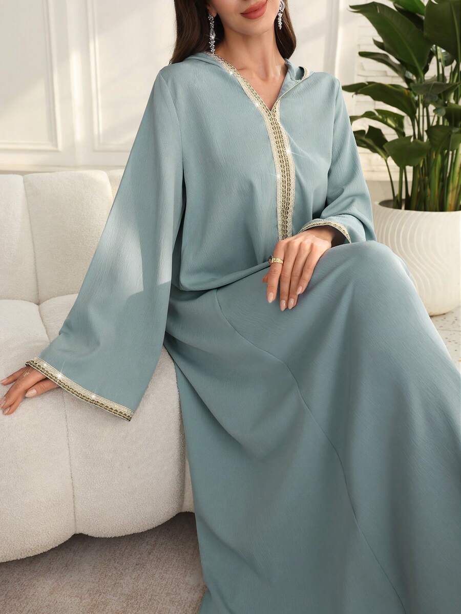 Al Najma 女士绿色编织连帽长袖优雅土耳其和阿拉伯传统长开衫，春夏款 - 綠色 - 查看 1