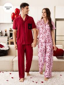 CoupledUp Contrast Color Heart Embroidery Pocket Men's Polo Collar Short Sleeve Pajama Set - Burgundy - View 6