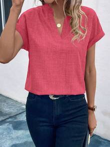 EMERY ROSE Blusa casual de mujer con cuello en V y manga corta - Rojo y blanco - Ver 4
