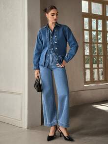Selenza Women's Casual Commuter Double-Breasted Denim Jacket - Blue - View 7