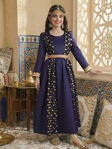 SHEIN Teen Girl Gold Polka Dot Round Neck Long Sleeve Casual Dress, Suitable For Daily Wear, Commute And School, Spring/Summer - Royal Blue - View 9