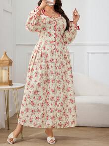 Modelyn 大码女式印花喇叭袖单排扣优雅连衣裙 - 粉色 - 查看 4