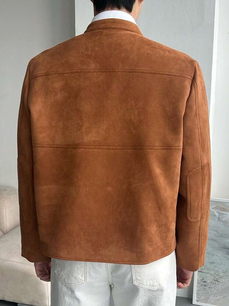 Men's Solid Color Short Suede Fabric Brown Jacket And Coat, Autumn