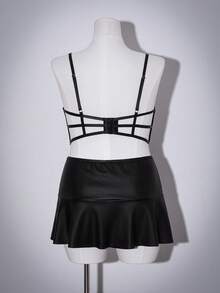 3pcs Fashionable Eyelet Strap Ribbon Tie Sexy Lingerie Set - Black - View 2