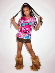 SHEIN Trolls Tween Girls' V-Neck Cartoon & Leopard Print Short Sleeve T-Shirt - Pink - View 4