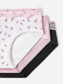 LUVLETTE 情人节特惠3条装柔软纯棉基础款花卉印花蕾丝边中腰内裤 - 彩色 - 查看 10