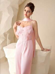 Modelyn 女士优雅3D立体花卉装饰连体裤，适合约会和派对穿着 - 粉色 - 查看 9