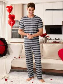 SHEIN Men's Casual Striped Print Round Neck Short Sleeve Pajama Set - Multicolor - View 3
