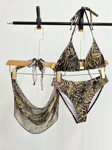 Swim SXY 3 pièces/set Maillot de bain triangle à lacets avec imprimé léopard et zèbre aléatoire, volants en maille, sexy pour la plage - Multicolore - Voir 7