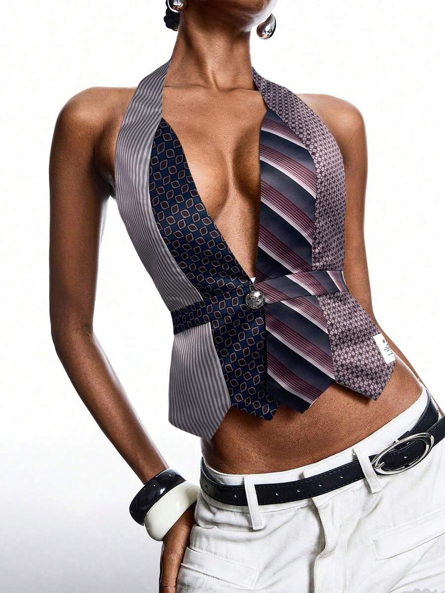 LYSMO Women's Geometric Striped Print Backless Sexy Halter Neck Camisole - Multicolor - View 1