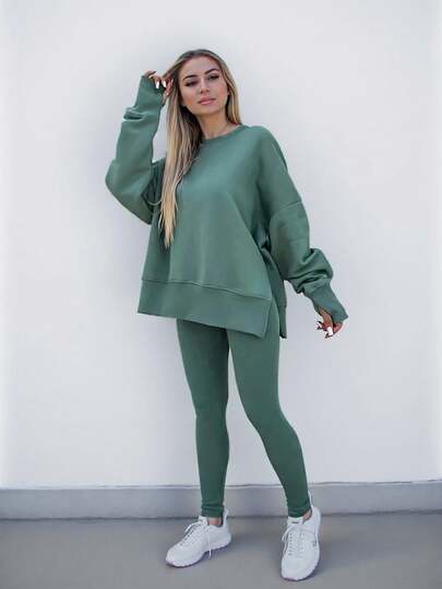 INAWLY Plus Size Casual Solid Color Round Neck Split Loose Sweatshirt And Pants 2 Pieces Set, Autumn Green Holiday St Patrick's Day