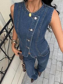 Siren Gaze Áo denim nữ màu trơn cổ tròn không tay cài cúc phía trước kiểu dáng thường ngày - Rửa trung bình - Xem 5