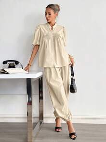 Siren Gaze 女士亚麻灯笼袖衬衫和阔腿裤套装，纯棉女士两件套 - 杏色 - 查看 7