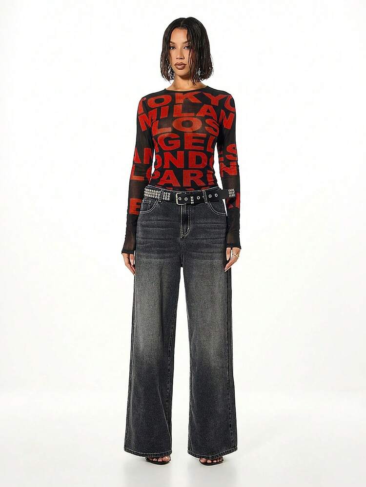 SUMWON WOMEN Long Sleeve Mesh Typography Print Top