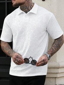 Manfinity CasualCool Men's Casual Summer Beach Holiday Solid Color Paisley Jacquard Short Sleeve Polo Shirt White Graphic Polo Men Mens Textured White Polo Mens Pattern Polo Shirt Mens White Paisley Polo - White - View 5