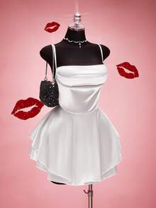 SHEIN ICON 大码舞会礼服；纯色缎面A字露背连衣裙，白色，情人节。 - 白色 - 查看 6