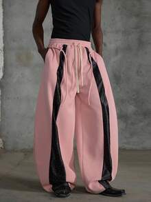 NEON BLANC Men's Curved Blade Contrast Color Patchwork Slant Pocket Drawstring Waist Sweatpants - Pink - View 2
