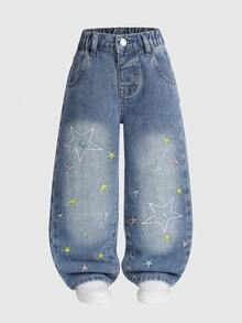 SHEIN Girls' Versatile Fashion Distressed Straight Leg Blue Jeans Star Jeans Cute Baggy Jeans - Blue - View 1