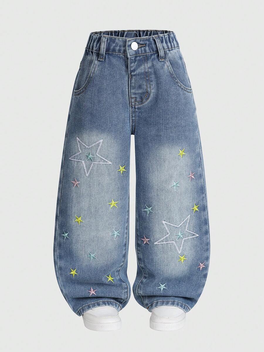 SHEIN Girls' Versatile Fashion Distressed Straight Leg Blue Jeans Star Jeans Cute Baggy Jeans - Blue - View 1