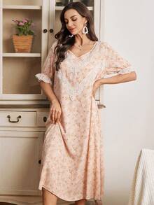 Serenescape 女士休闲植物印花V领蕾丝边宽松长款睡裙 - 珊瑚粉 - 查看 3