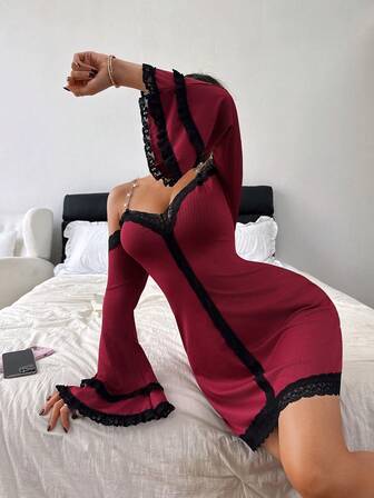 Dream Adore Camisón de mujer con escote en V, manga larga, hombros descubiertos y parches de encaje
