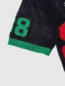 ROMWE MEN Prep Spring/Summer Casual Graphic Men'S Letter & Number Hollow-Out Knit Sweater - Black - View 4