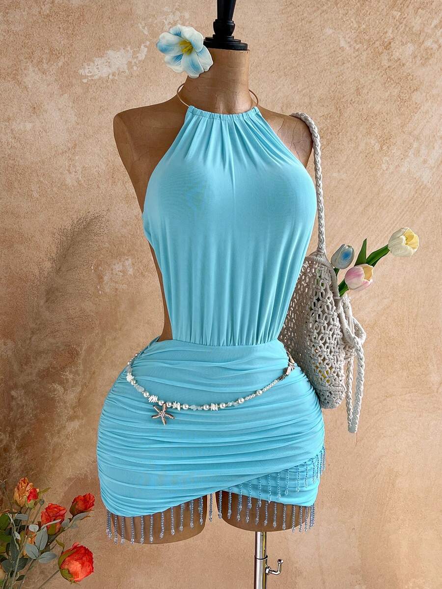Soleia Light Blue Summer Casual Vacation Holiday Hollow-Out Backless Rhinestone Tassel Bodycon Mini Dress,Suitable For Party,Valentine's Day,Nightclub - Blue - View 1