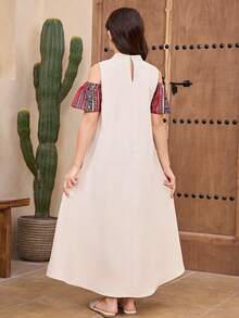 SHEIN Tween Girl Geometric Pattern Tassel Design Off-Shoulder Short Sleeve Dress - Apricot - View 4