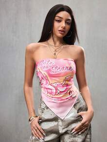 HOT STUFF X SHEIN Áo croptop nữ phong cách Y2K gợi cảm với họa tiết chữ hoạt hình, vạt áo bất đối xứng, lưng hở, buộc dây phía trước, thích hợp cho mùa hè. - Hồng - Xem 3