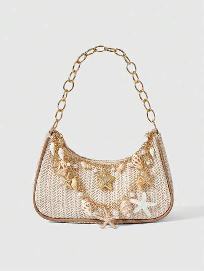 Fairycore 1 pieza Bolso de hombro/bolso de playa tejido con diseño de estrella de mar de verano, bolso de playa, bolso de paja (la colocación de la decoración es aleatoria)