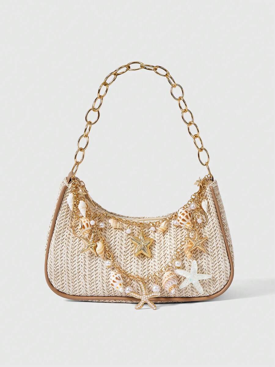 ROMWE Fairycore 1 chiếc túi đeo vai/túi xách dệt họa tiết sao biển mùa hè, túi đi biển, túi xách tay bằng rơm (Vị trí trang trí ngẫu nhiên) - Nhiều màu B - Xem 1