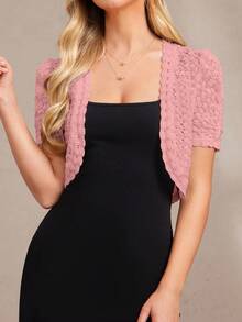 Amorya Women's Dusty Pink Elegant Lace Short Sleeve Open Front Bolero Shrug,Ellegant Wedding Guest Summer Knitted Thin Jacket Cardigan Cover Up Top - Pink - View 4
