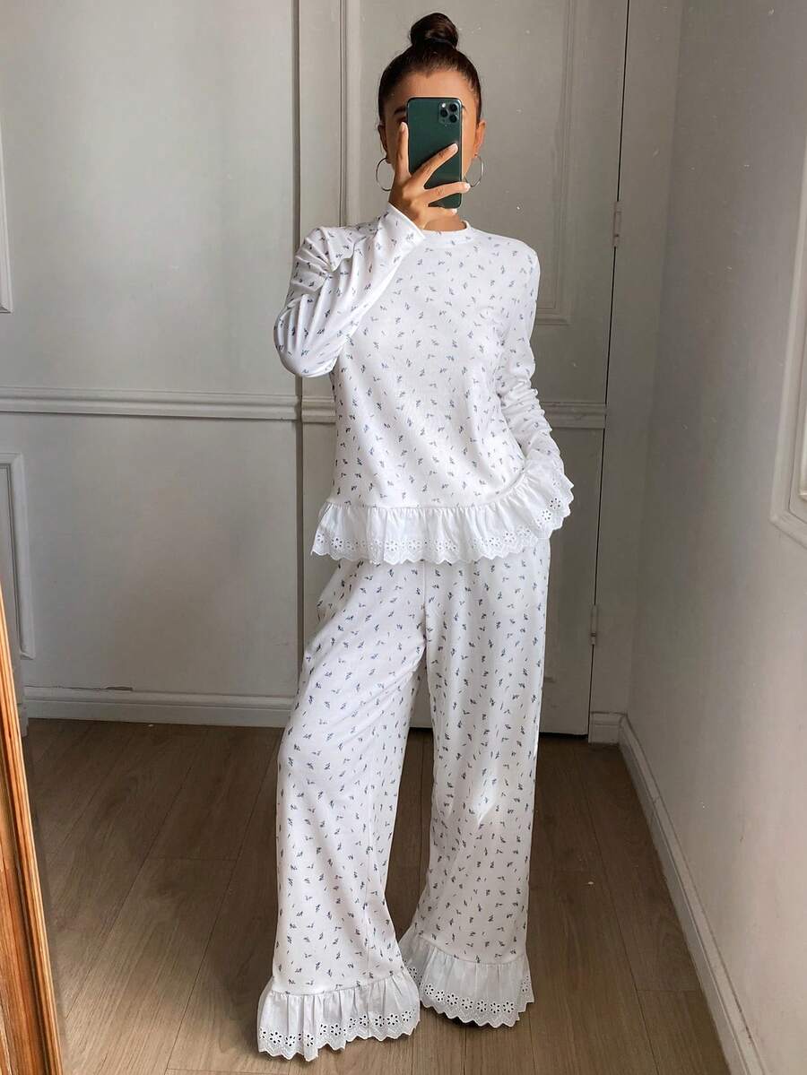DAZY Women's Sweet Ditsy Floral Embroidery Ruffle Trim Pajama Set - White - View 1