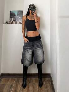 StreetHx Women's Fashionable Summer Washed Fold-Over Waist Loose Denim Shorts - Black - View 8