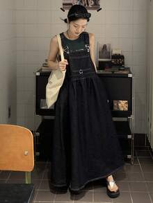 FRIFUL Women's Casual Long Denim Bib Overall Dress - Blue - View 1