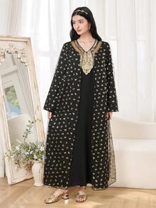 Conjunto de vestido y chaqueta tradicional para adolescentes con diseño floral negro y dorado, chaqueta de malla con lazo y estilo árabe - Negro - Ver 4