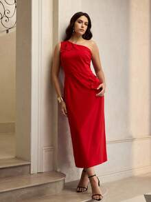 ZEYLAH Elegant Date Night 3D Floral Decor Midi One Shoulder Dress - Red - View 5