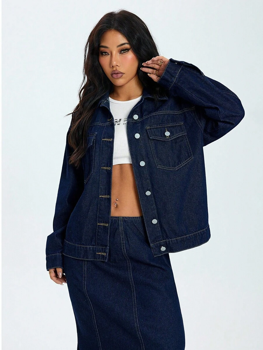 SHEIN ICON 大尺碼女款牛仔風藍色無彈力長袖夾克,春季 - 深色水洗藍 - 查看 1