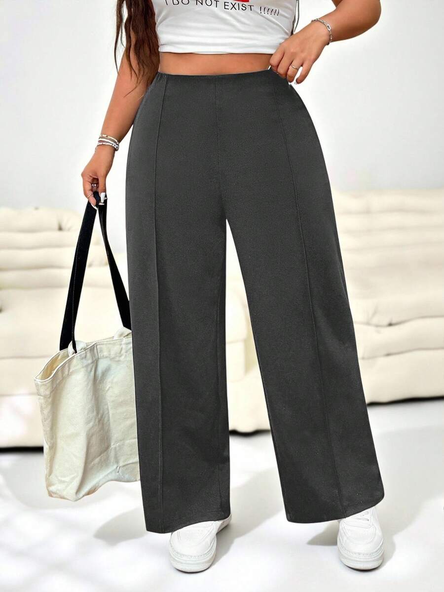 Solflare Women Plus Size Solid Gray Minimalist Straight Leg Office Pants, Suitable For Graduation, Back To School, Teacher In Fall/Winter - Dark Grey - View 1