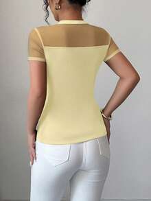 Elenzga Women's 2025 Summer Solid Color Versatile Mesh Patchwork Round Neck Short Sleeve T-Shirt - Light Yellow - View 2
