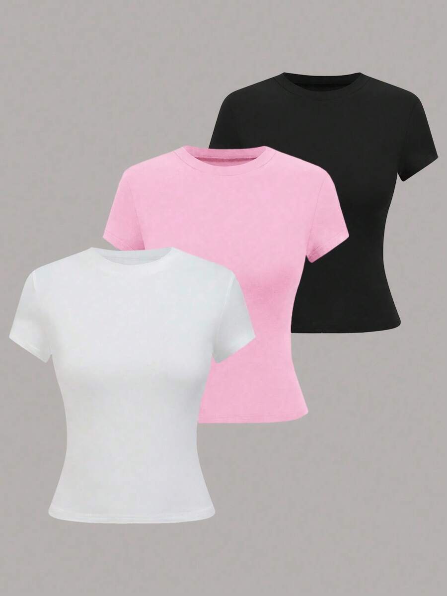 SHEIN Girlism 3件套少女修身休闲舒适圆领长袖T恤套装 - 粉色 - 查看 1