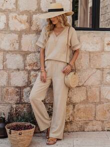 EMERY ROSE 2 件套女式纯色 V 领休闲上衣和裤子套装 - 杏色 - 查看 4