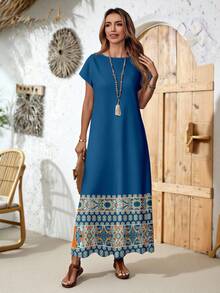 EMERY ROSE 休闲女式蓝色波西米亚风长款连衣裙，多色随机印花，圆领，短袖，带口袋，休闲款 - 彩色 - 查看 6