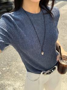 DAZY 女士夏季圆领短袖纹理面料套头短款休闲T恤 - 藍色 - 查看 4